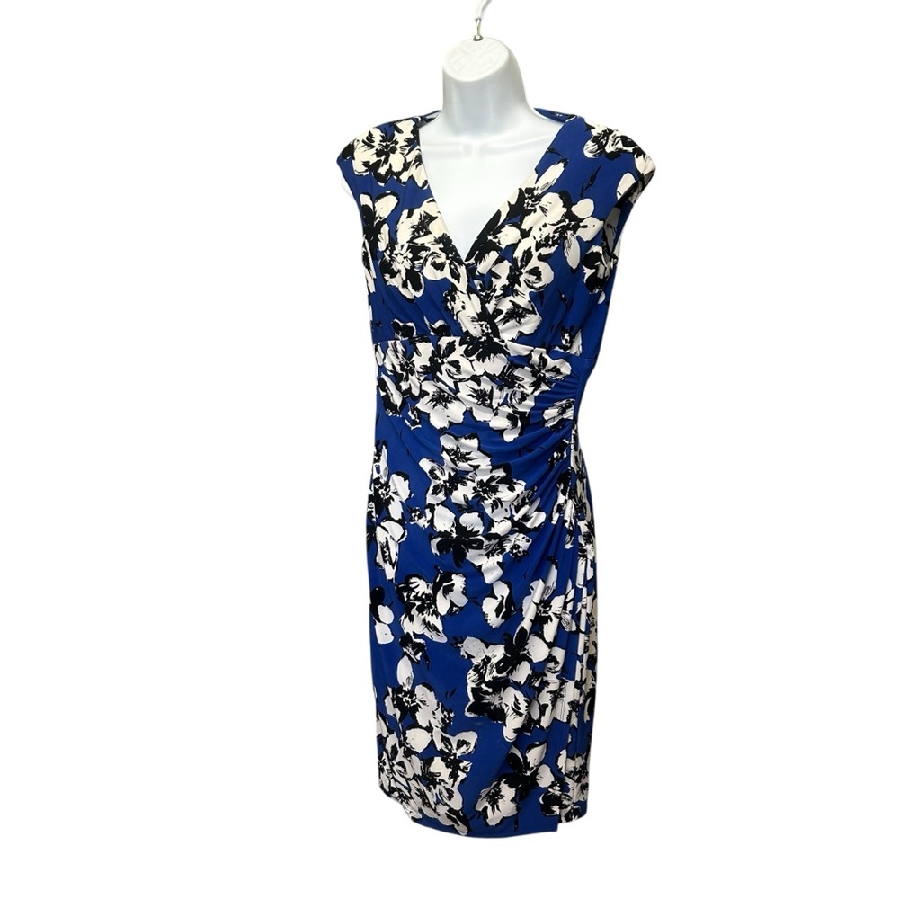 Lauren Ralph Lauren Blue White Floral Ruched Side Sheath Dress Size 4 - Picture 5 of 7